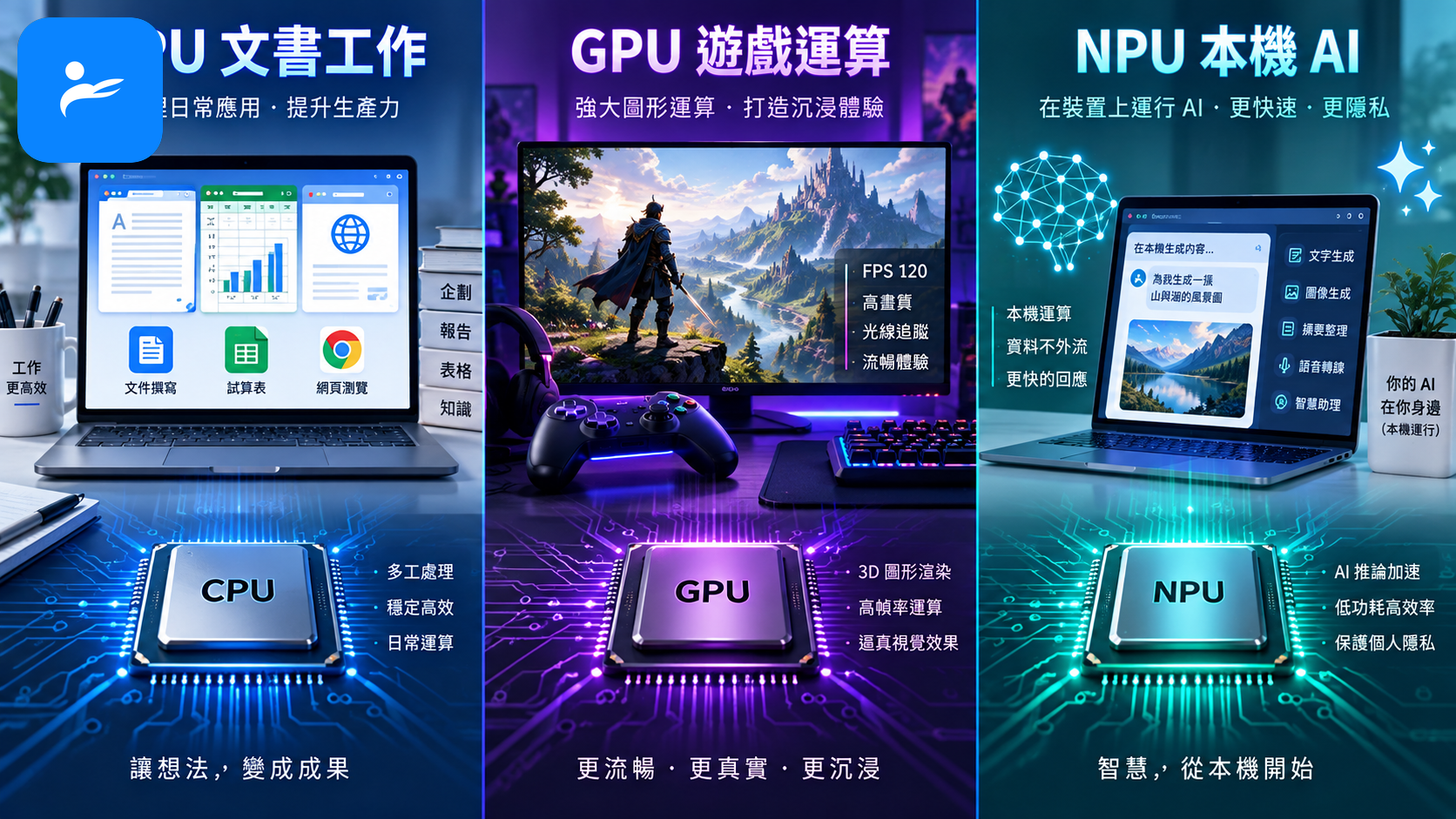 CPU、GPU 與 NPU 分別處理文書、遊戲及本機 AI 工作的示意圖