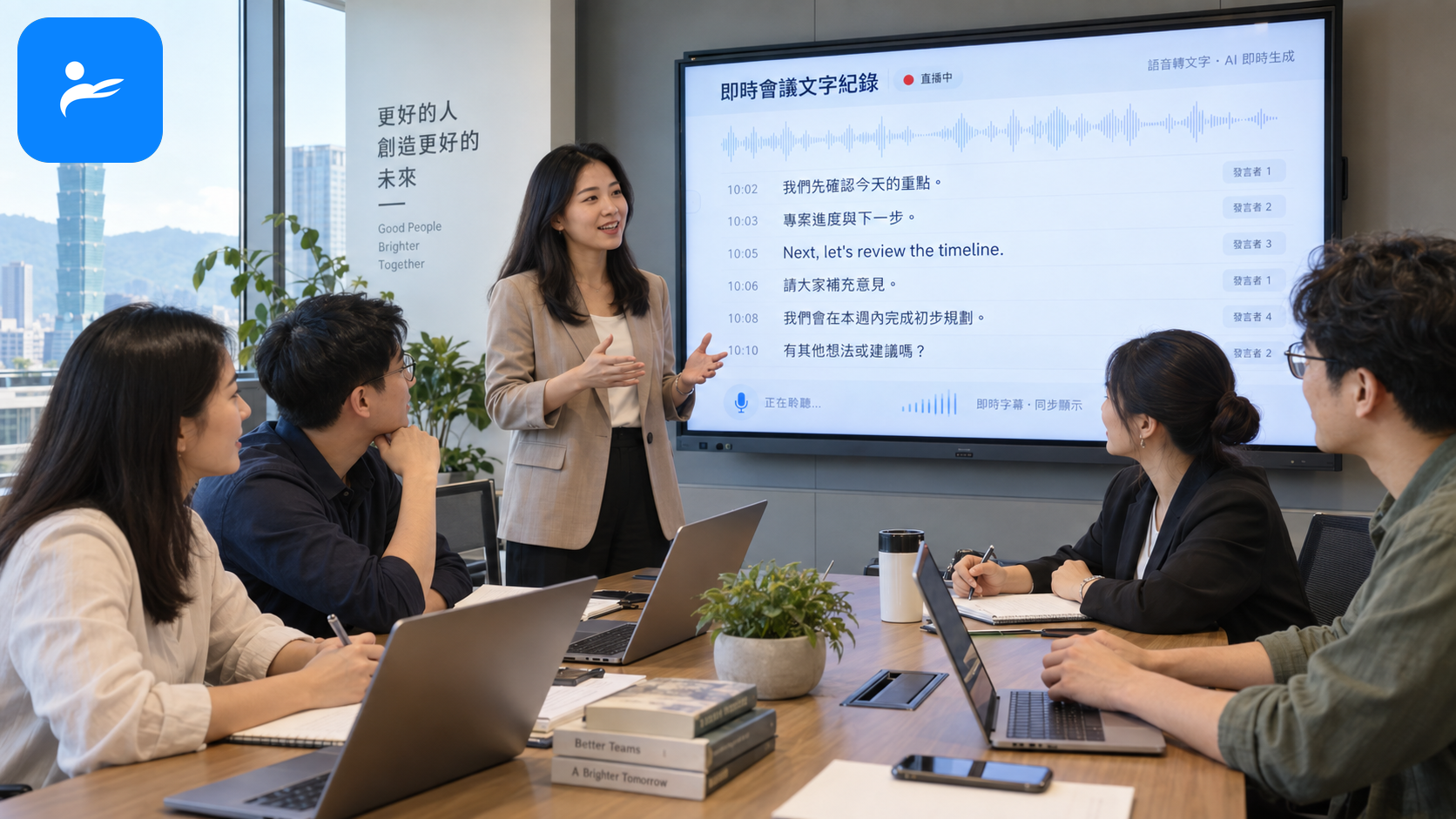 台灣辦公室進行中文與英文混合會議,螢幕同步顯示繁體中文逐字稿
