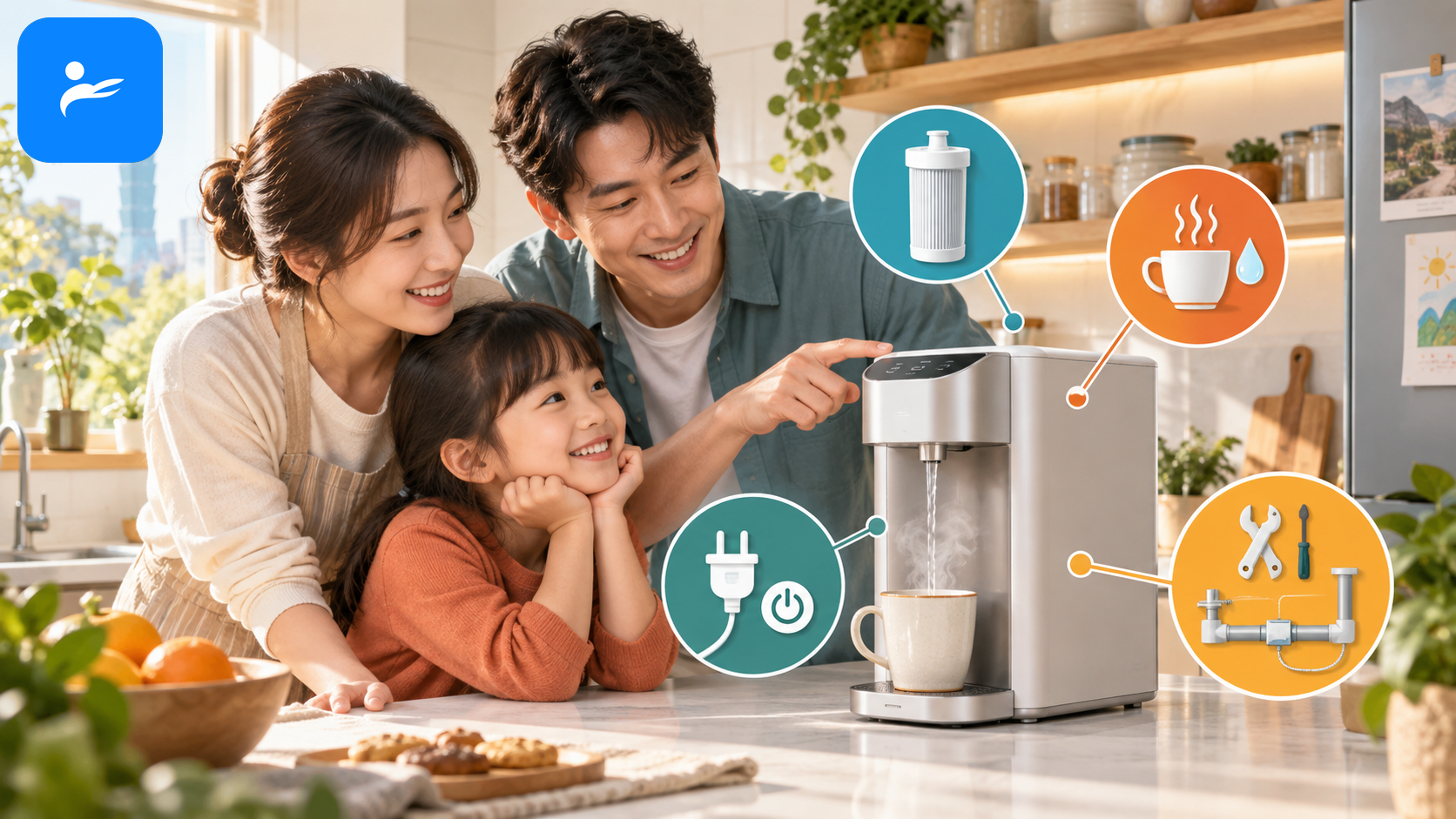 台灣家庭在廚房查看瞬熱飲水機常見問題，包含濾心、熱水、電源與安裝圖示