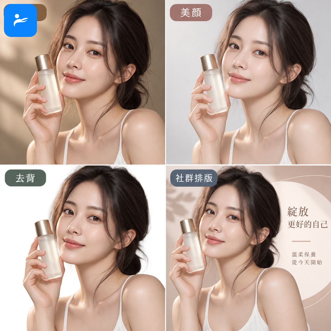 同一張人像與商品照片分別套用調色、美顏、去背和社群排版效果的比較畫面