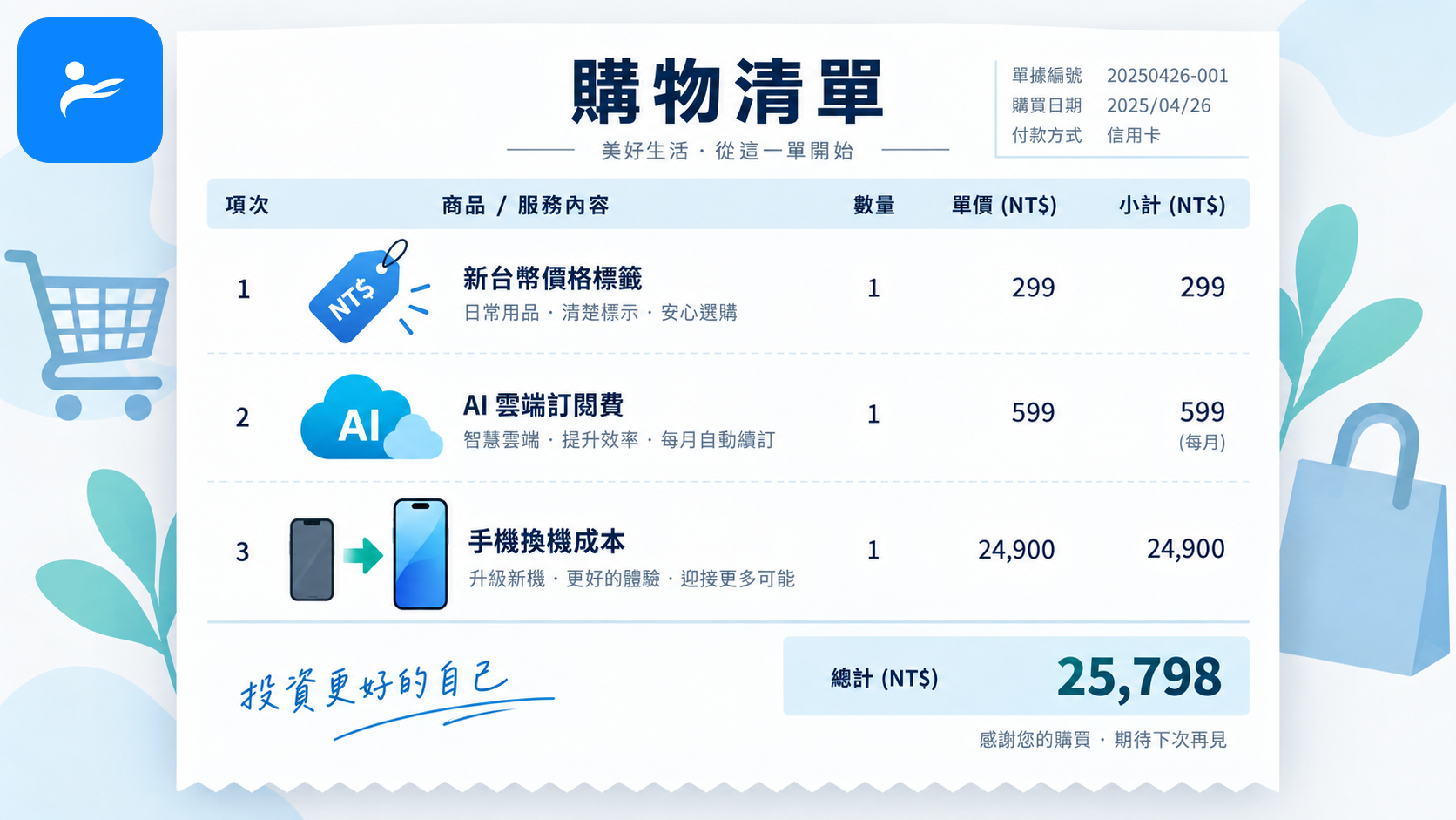 新台幣價格標籤、AI 雲端訂閱費與手機換機成本放在同一張選購帳單上的示意圖