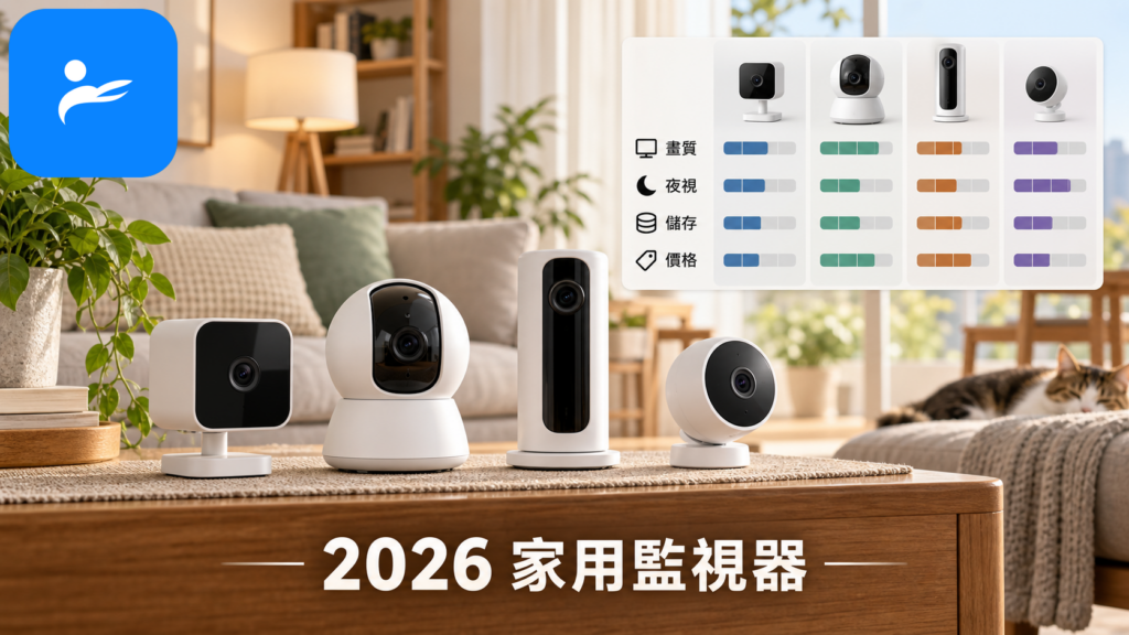 四款家用監視器擺在客廳情境中，旁邊呈現畫質、夜視、儲存與價格比較