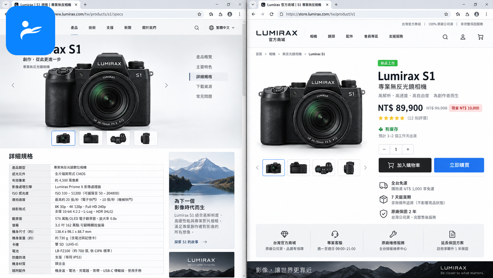 相機品牌官方規格頁與台灣官方商城資料畫面