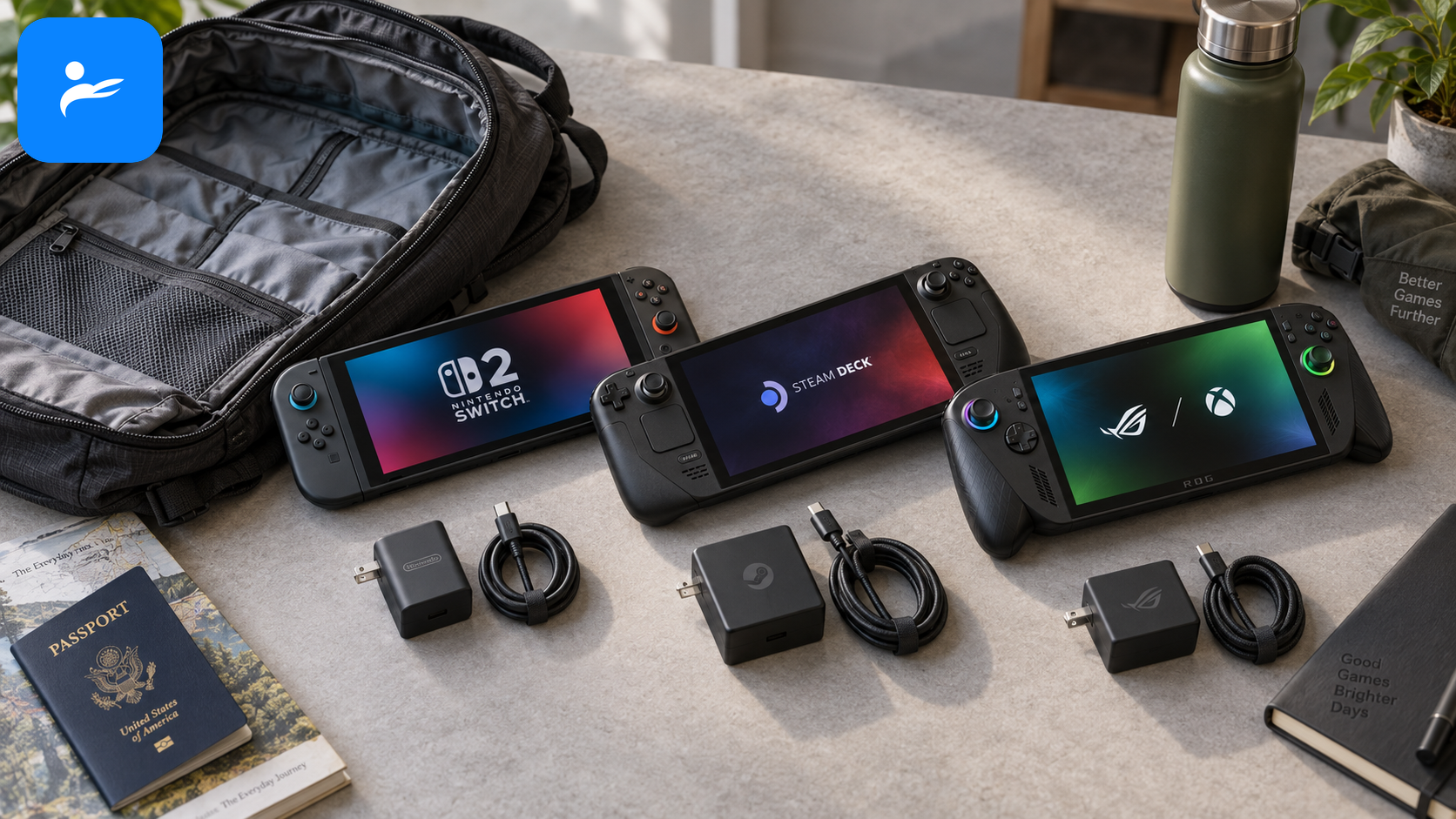 Switch 2、Steam Deck OLED 與 ROG Xbox Ally X 放在背包和充電器旁比較