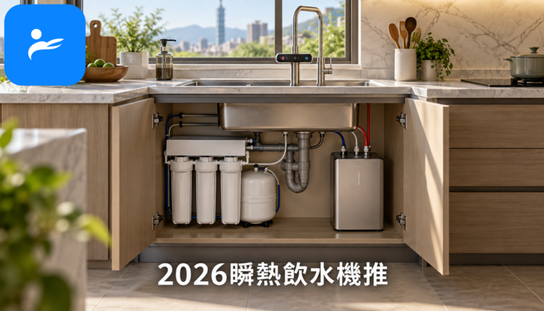 台灣現代廚房水槽下方安裝RO濾水器與瞬熱主機，檯面配置智慧雙溫龍頭