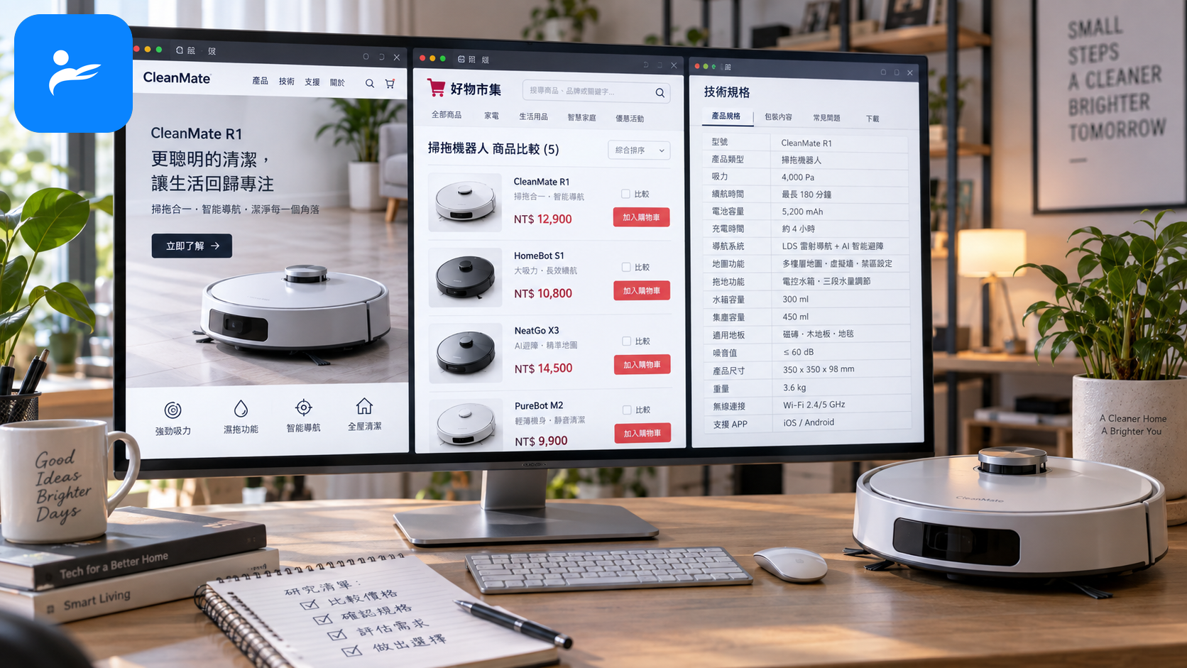 掃拖機器人品牌官方網站、台灣購物平台與規格文件顯示在電腦螢幕上