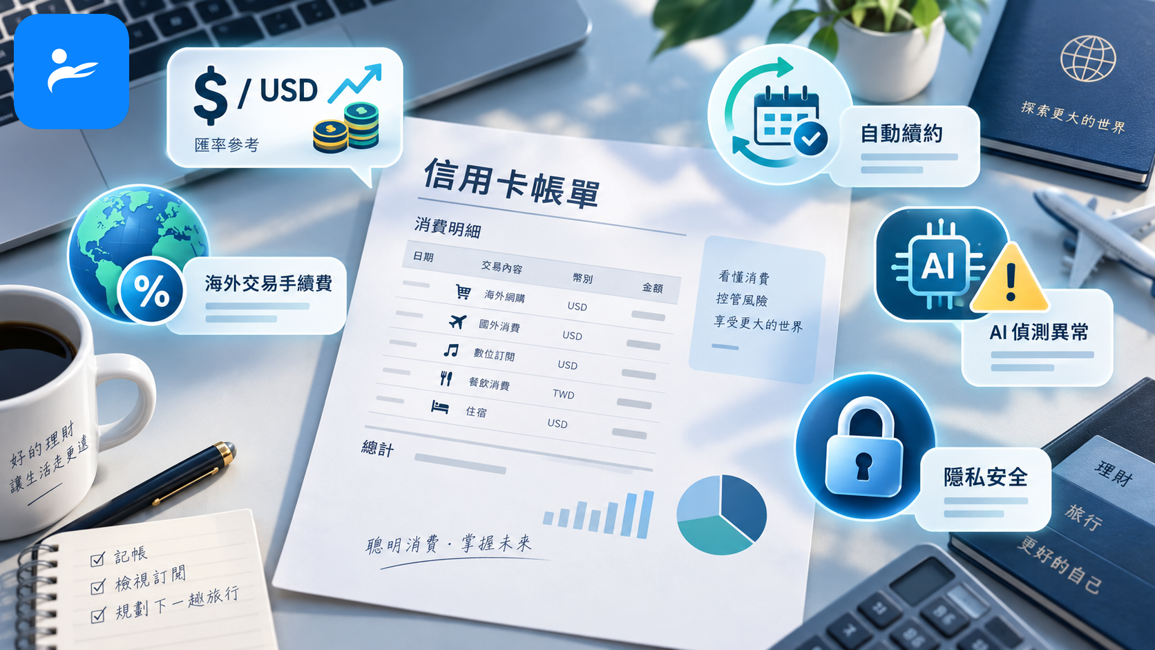 信用卡帳單旁顯示美元匯率、海外手續費、自動續約、隱私鎖頭與 AI 錯誤警告圖示