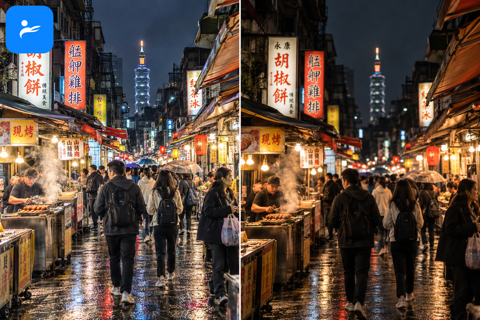 台北夜市低光源場景,手機夜景與無反相機照片並列比較
