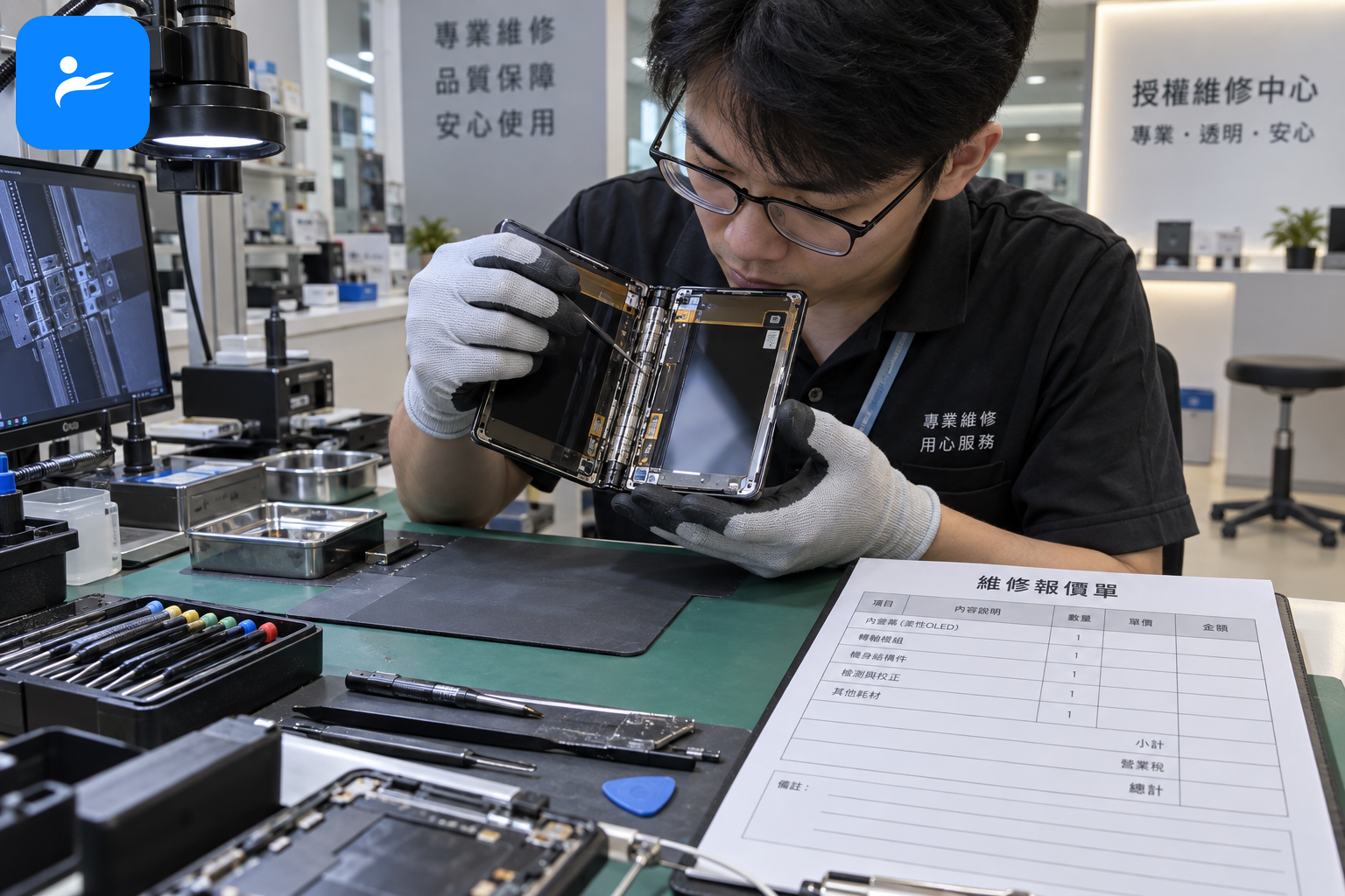 台灣原廠維修中心檢測摺疊手機內螢幕與轉軸,桌面放著維修報價單