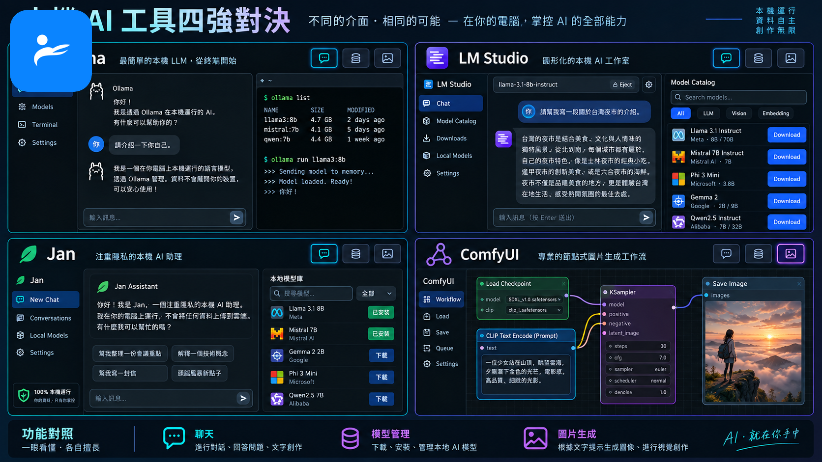 Ollama、LM Studio、Jan 與 ComfyUI 的功能介面排列比較，呈現聊天、模型管理與圖片生成