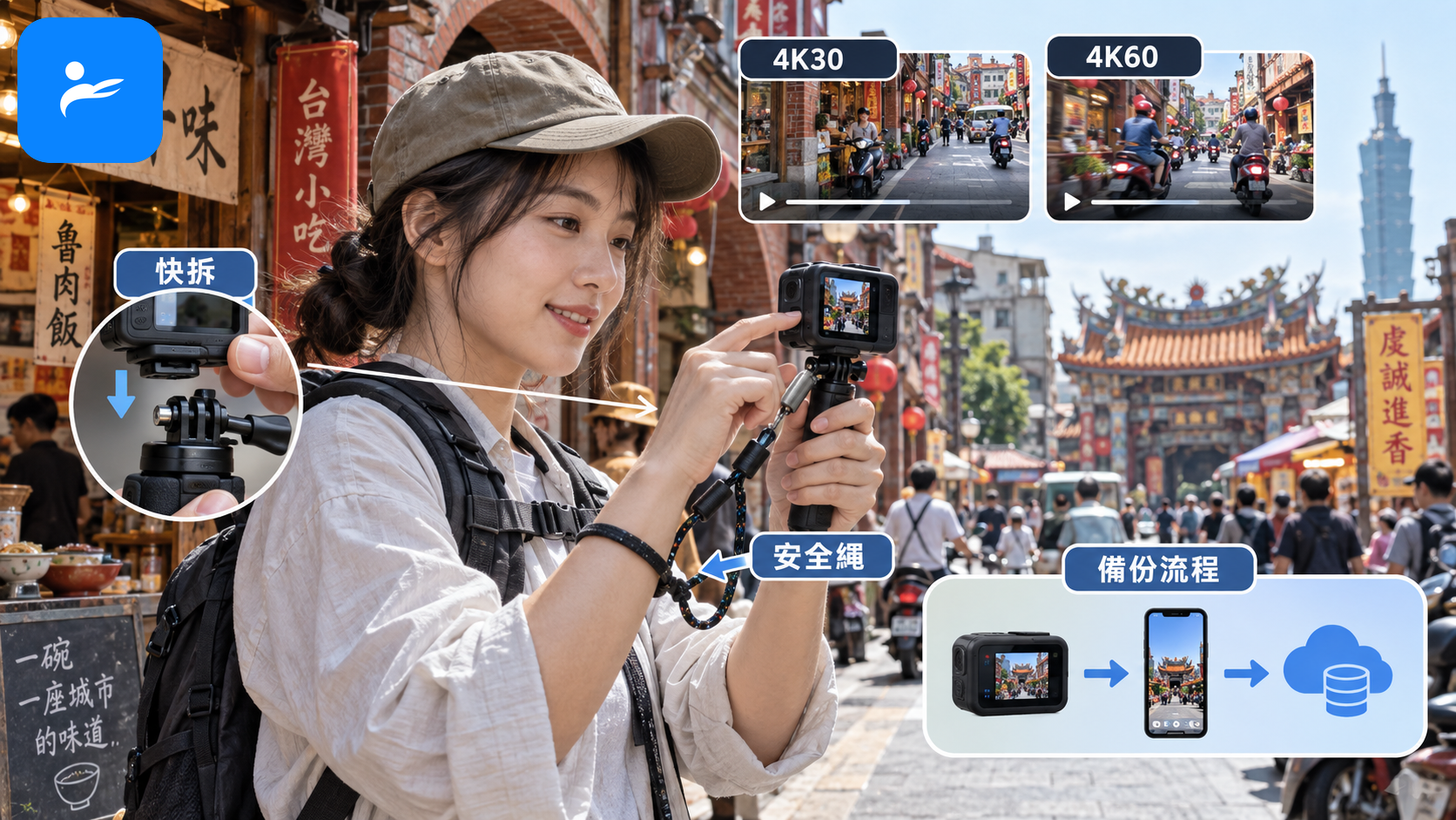 旅客在台灣街頭操作運動相機,畫面標示 4K30、4K60、快拆、安全繩與備份流程