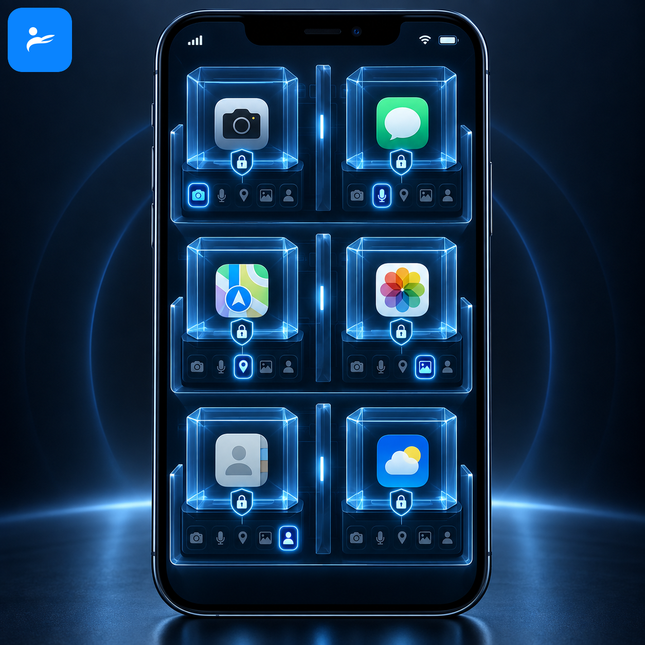 iPhone 上多個 App 被獨立安全框隔開,呈現 iOS 沙盒限制與隱私權限概念