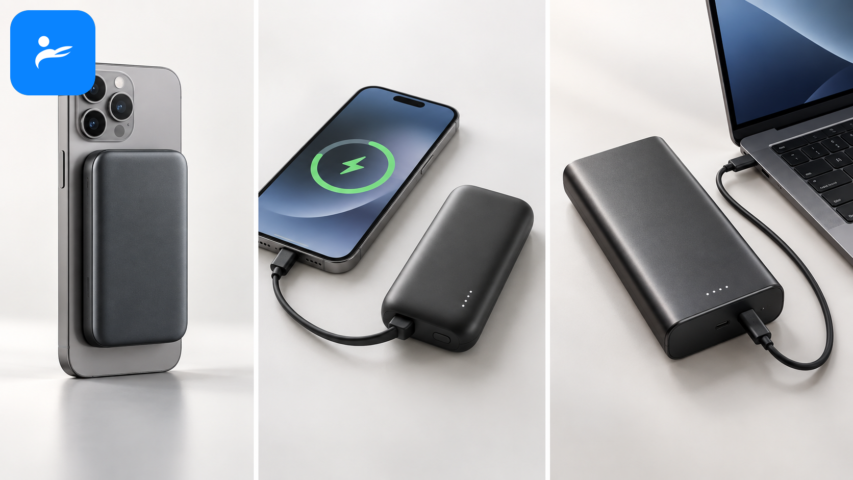 磁吸式、自帶 USB-C 線與高功率筆電行動電源並排，呈現三種使用方式