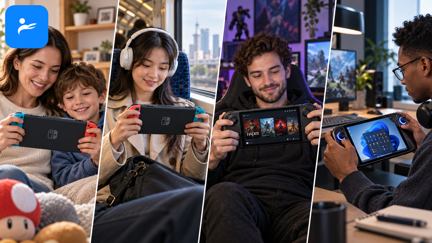 四類玩家分別拿著Nintendo Switch 2、Steam Deck OLED與Windows掌機的推薦情境圖