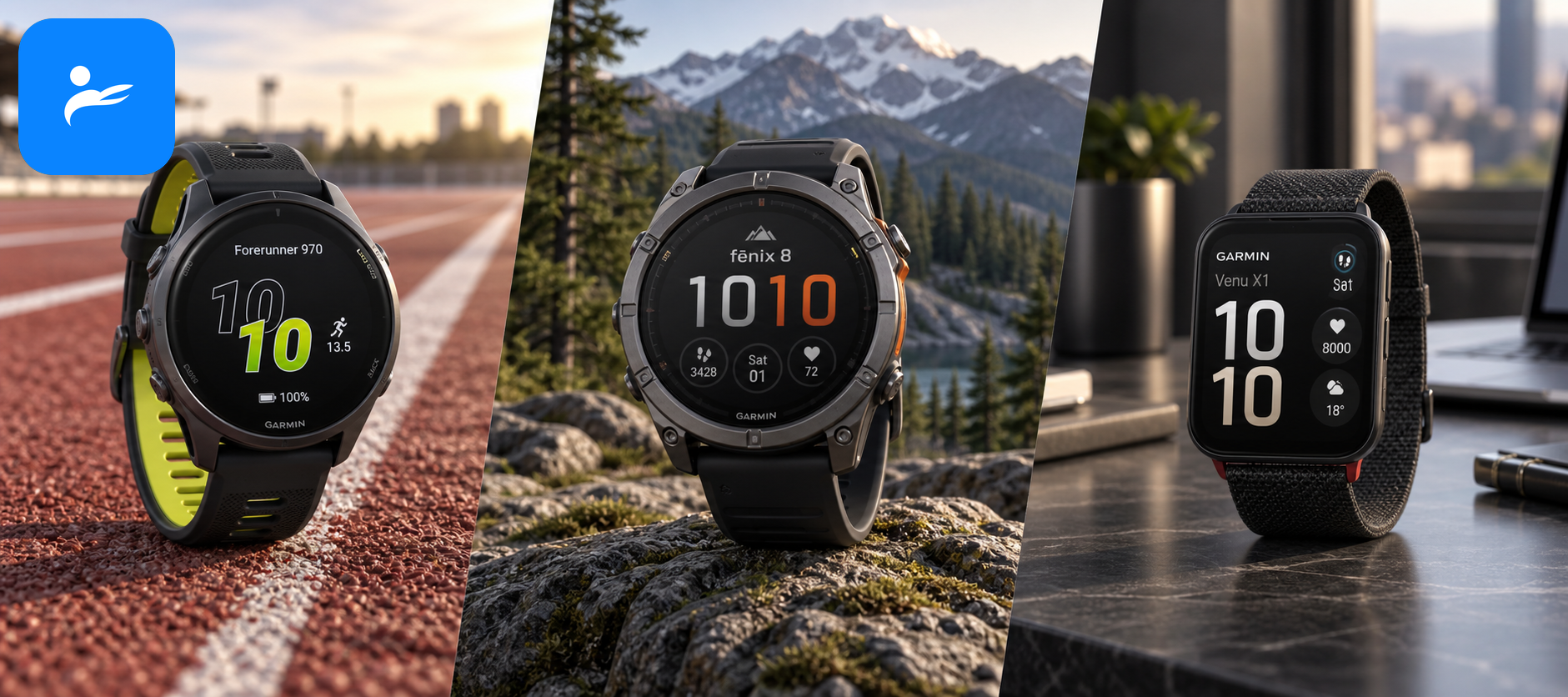 Garmin Forerunner 970、fēnix 8 與 Venu X1 分別置於跑道、山林及辦公桌情境