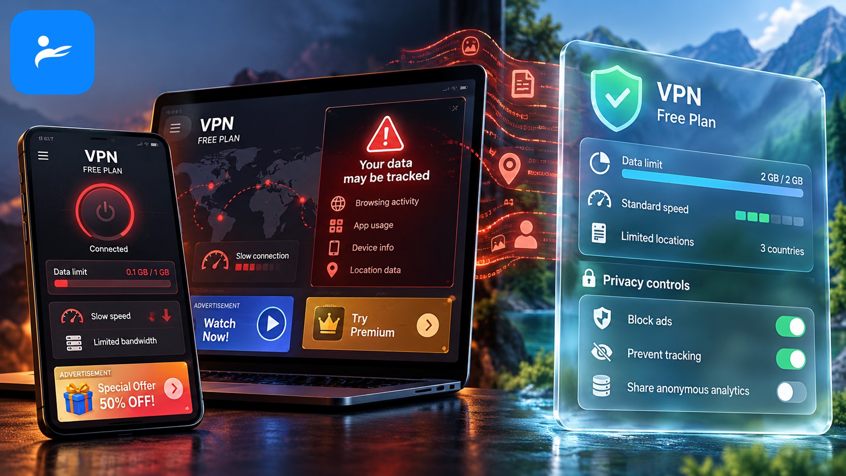 免費 VPN App 顯示廣告、流量限制與隱私警示，旁邊是較透明的免費方案