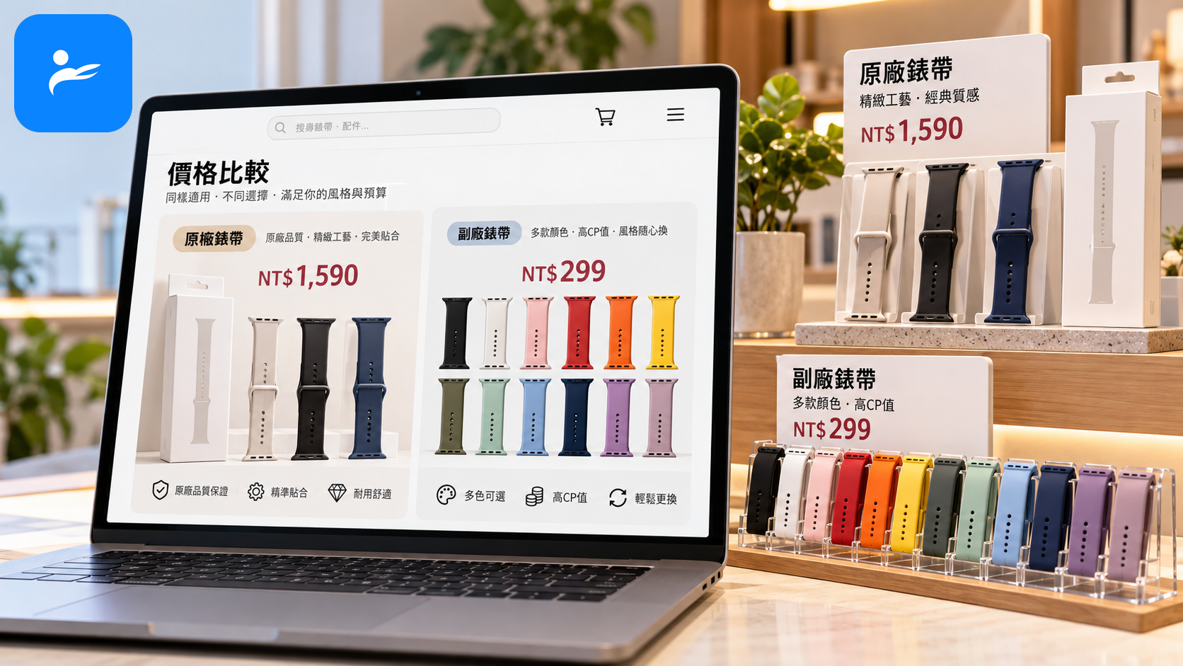 台灣電商頁面與原廠智慧手錶錶帶陳列,呈現原廠和副廠產品的價格差異
