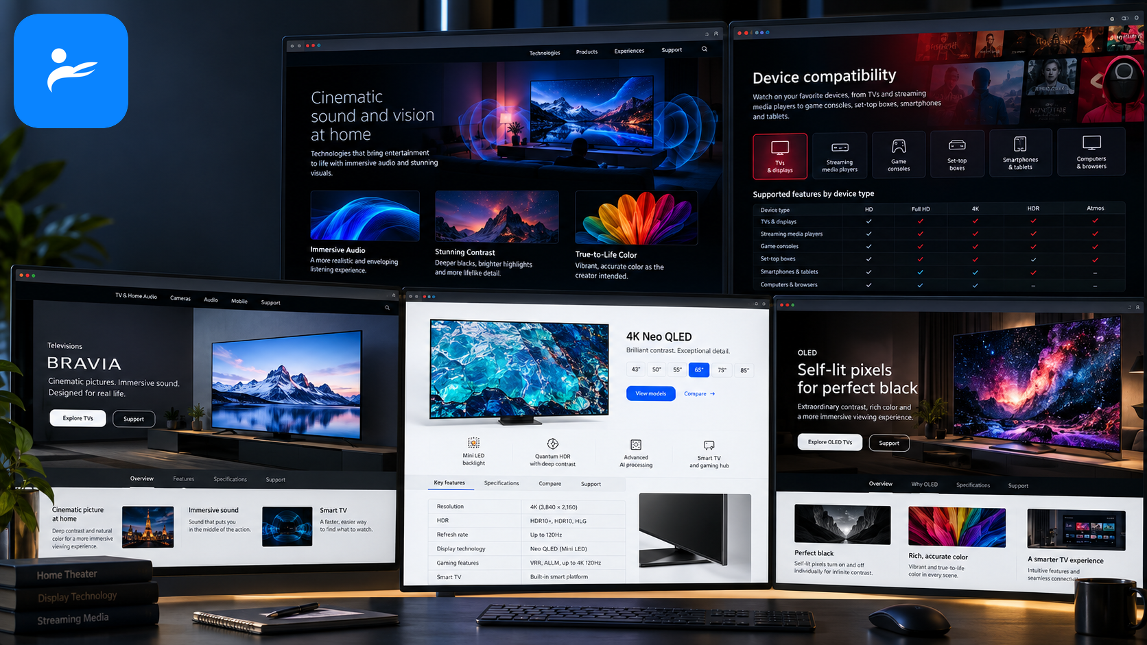 Dolby、Netflix、Sony、Samsung 與 LG 官方資料頁面組成的參考資料畫面