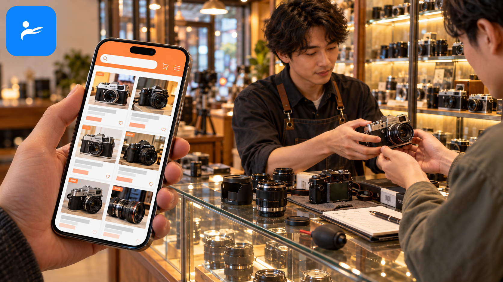 手機顯示蝦皮二手相機賣場,旁邊是實體中古相機店與面交流程