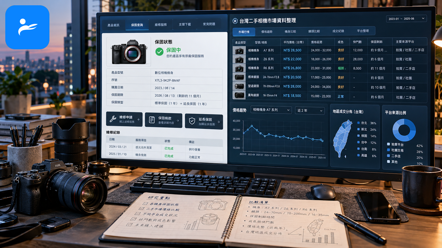 相機品牌官方保固頁面與台灣二手相機市場資料整理畫面