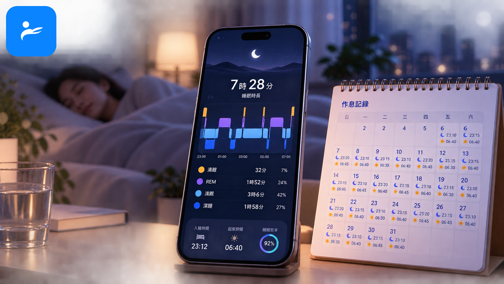 手機健康 App 顯示清醒、REM、淺眠與深睡時間軸,旁邊呈現規律作息月曆