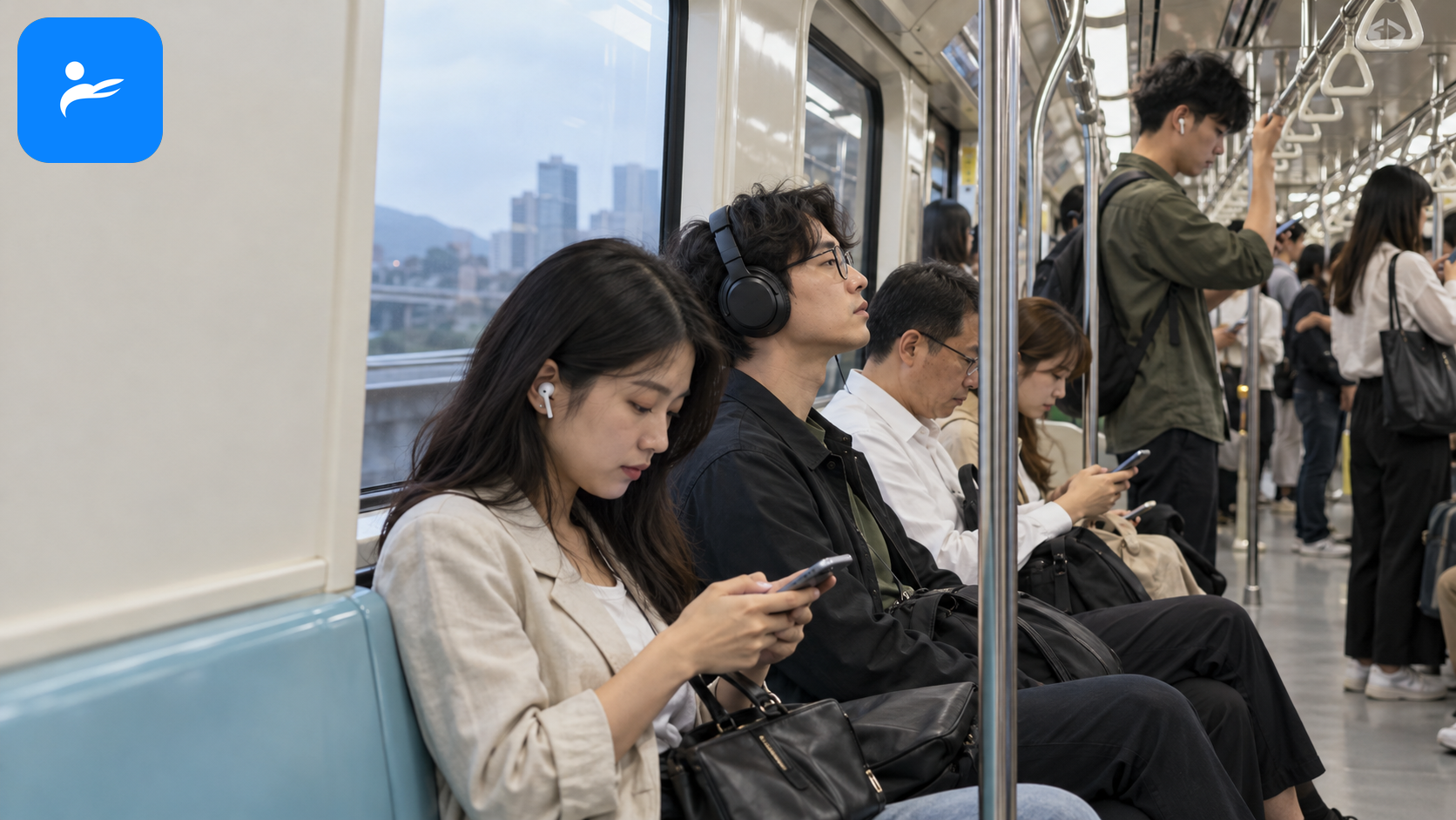 台北捷運車廂內分別戴入耳式與耳罩式耳機的通勤族