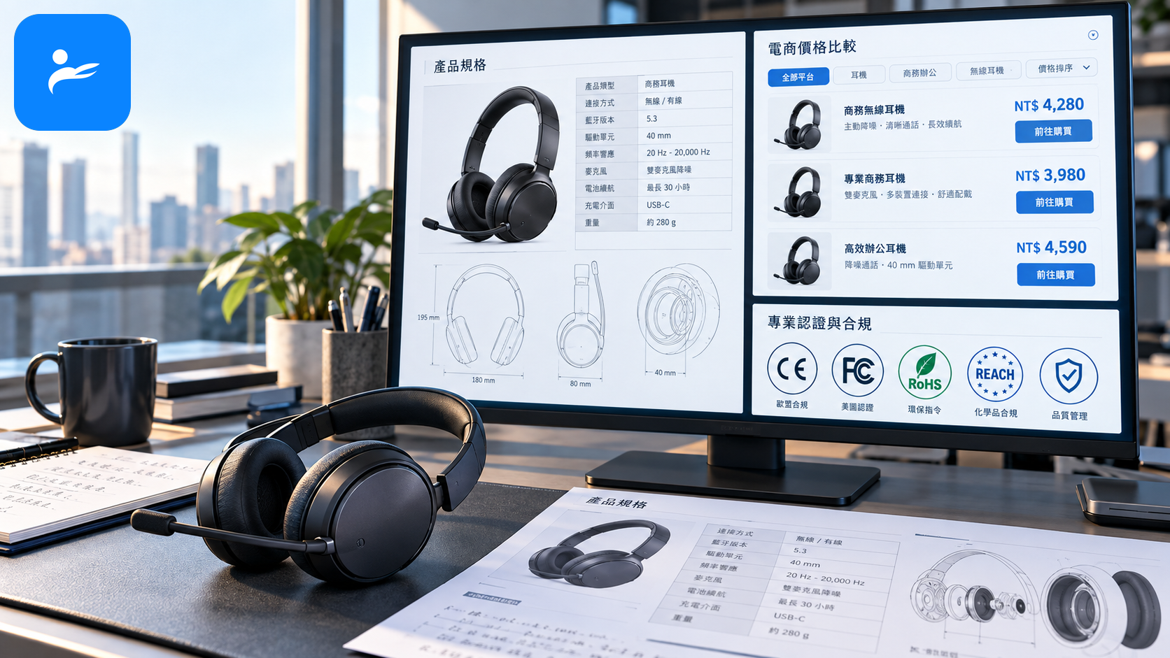 官方產品規格文件、台灣電商價格頁面與商務耳機認證標章整理畫面