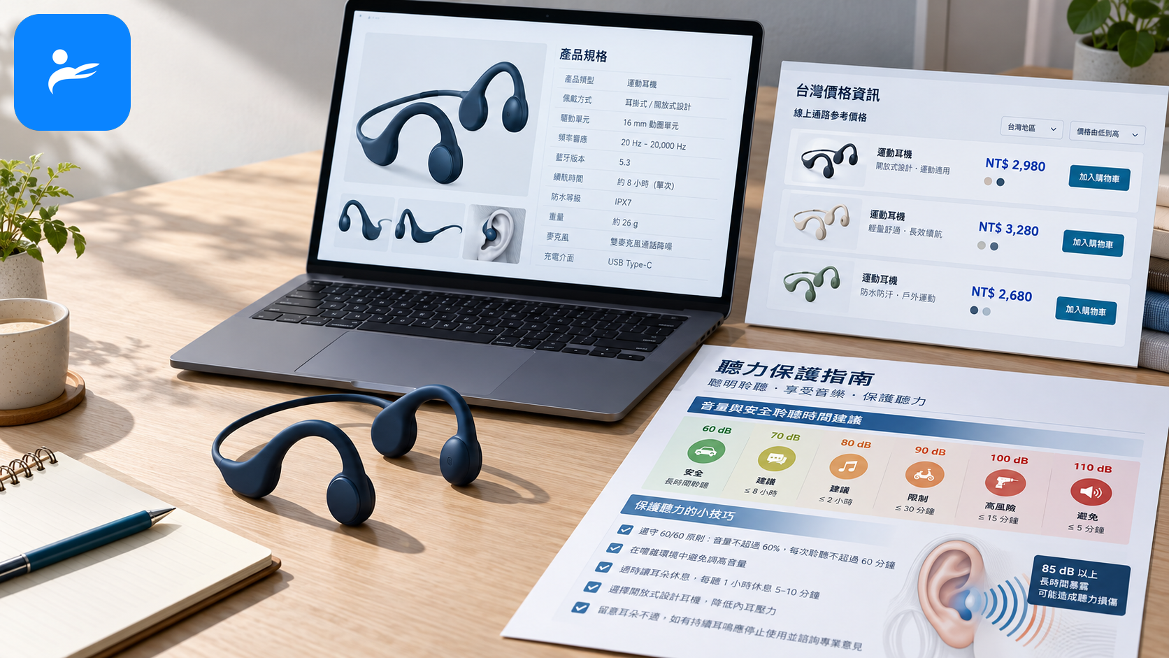 運動耳機官方規格頁、台灣售價頁與聽力安全資料整齊排列在桌面上