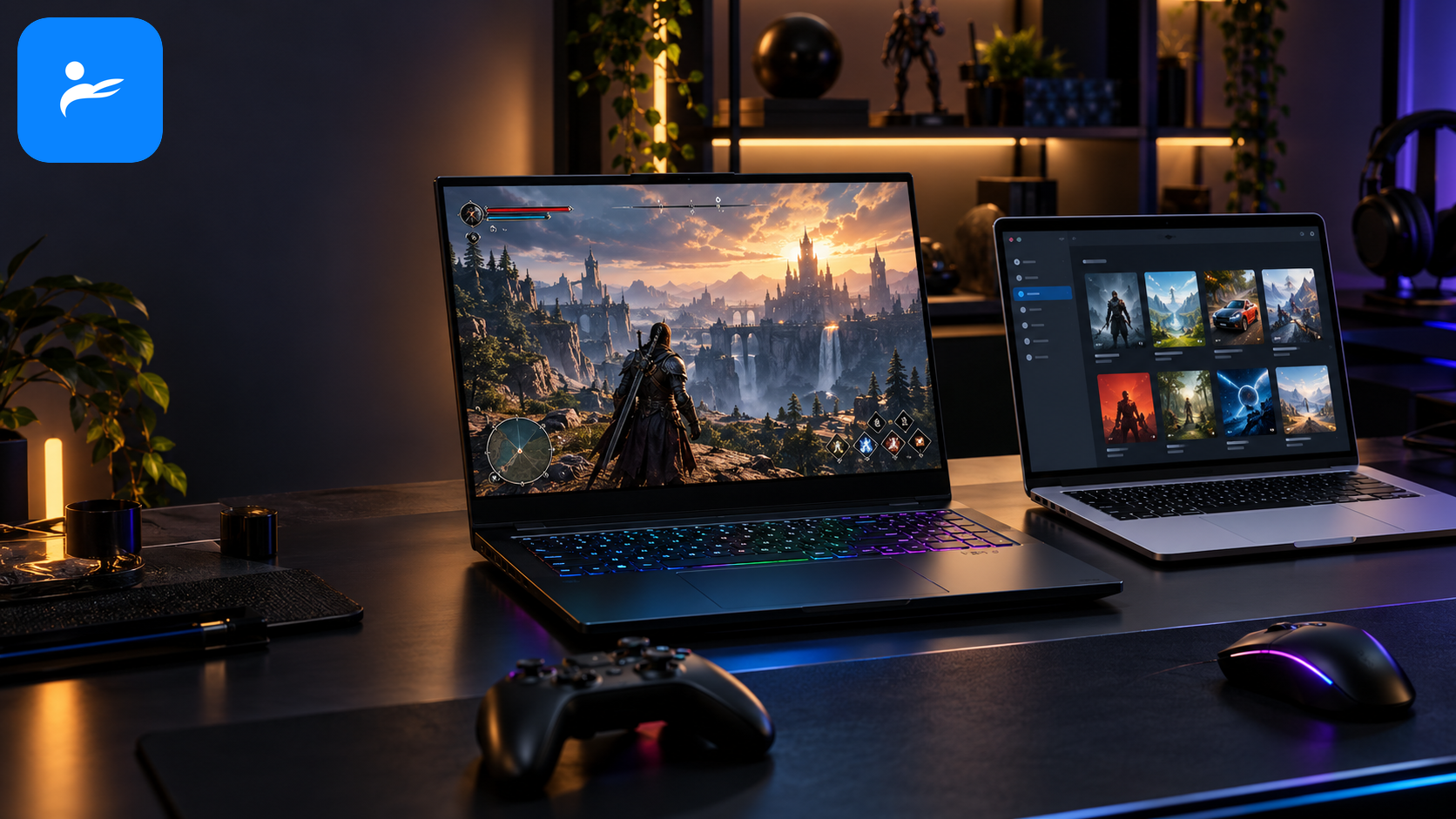 Windows 電競筆電執行 3A 遊戲，旁邊的 MacBook 顯示原生支援遊戲清單