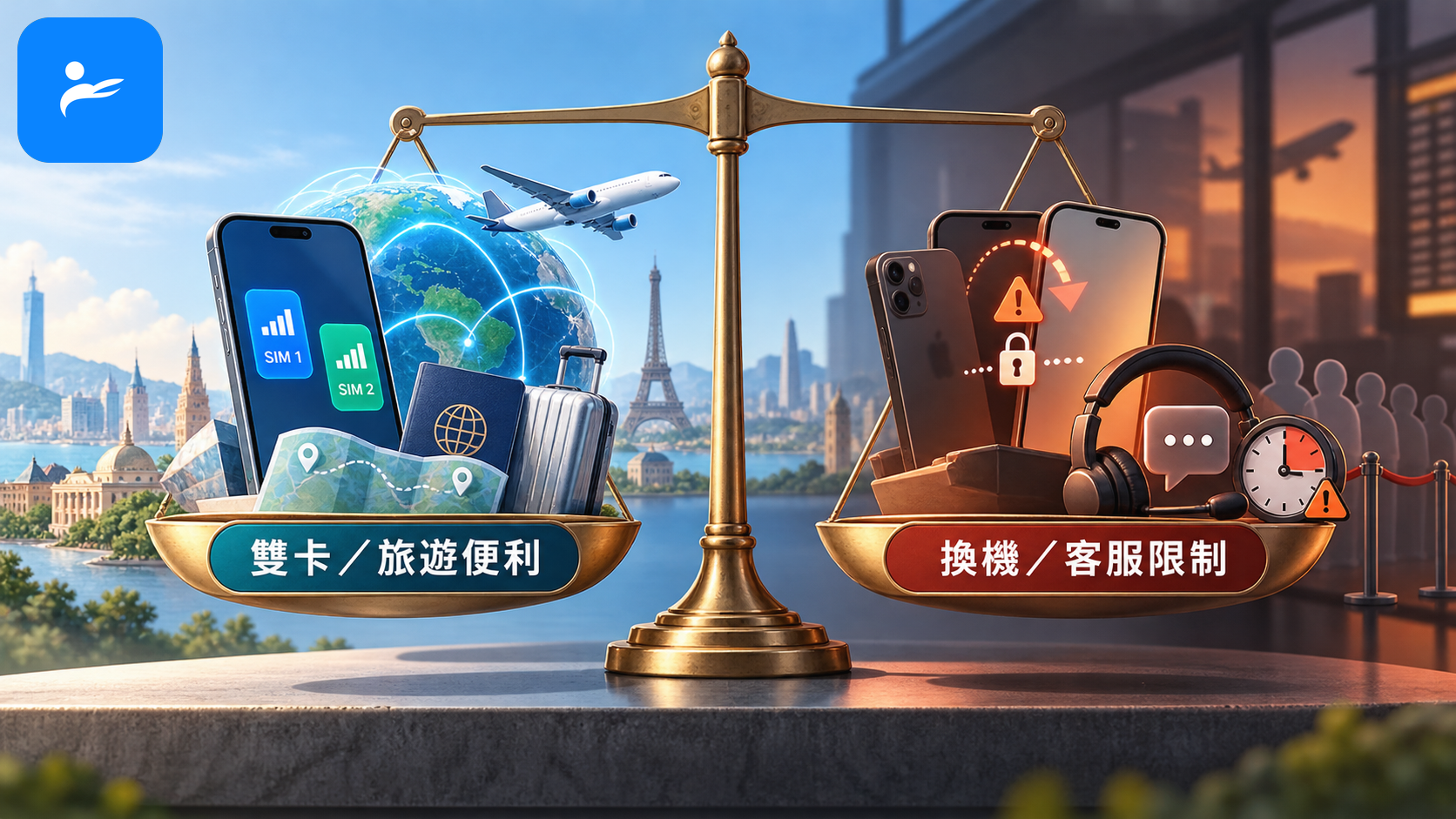 eSIM 優缺點天平，一側是雙卡與旅遊便利，另一側是換機和客服限制