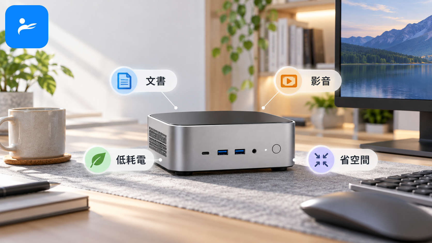 Mini PC 放在整潔桌面中央,旁邊標示文書、影音、低耗電與省空間四項特色