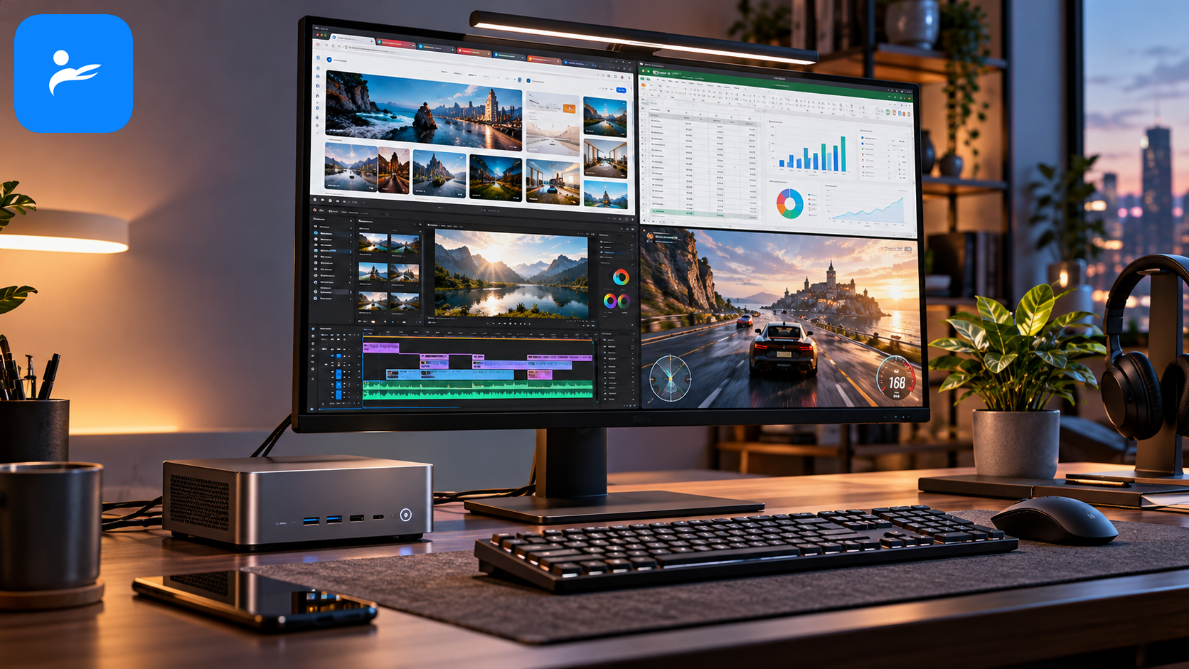 Mini PC 同時執行瀏覽器、Office、影片剪輯與遊戲的多工使用畫面