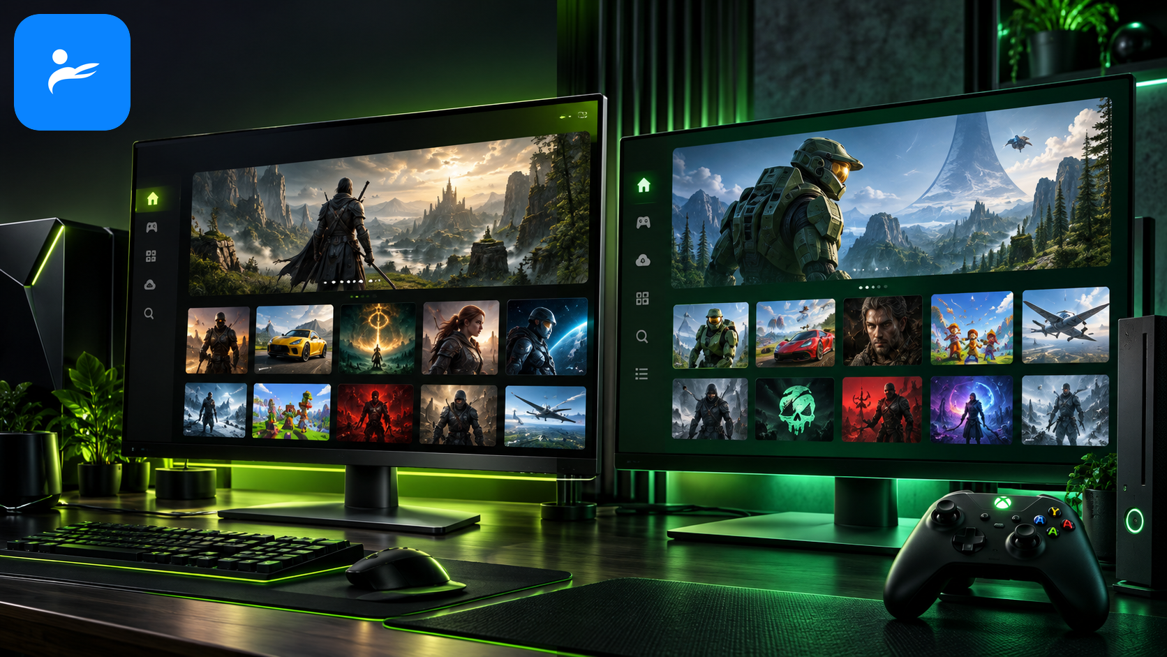 GeForce NOW 與 Xbox Cloud Gaming 介面並列,搭配電腦、手把與遊戲庫圖示