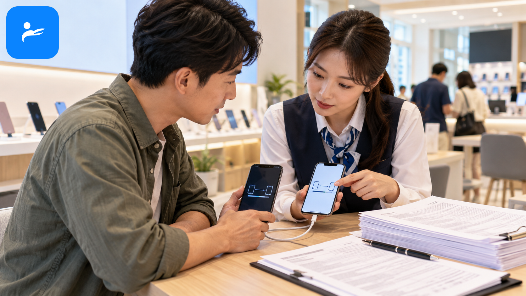 電信門市人員協助手機資料移轉,桌上同時放著長期綁約文件