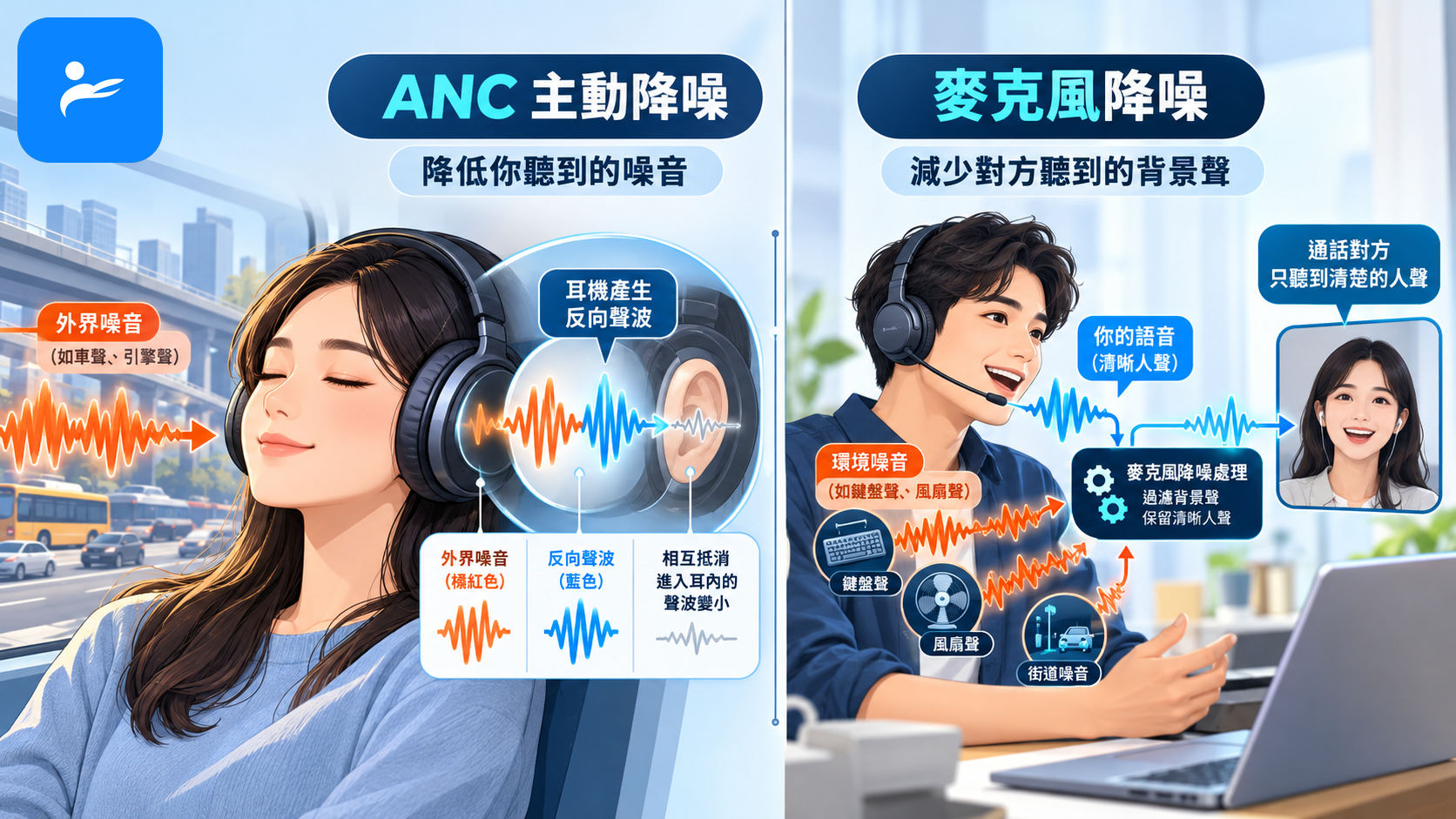 耳機降噪原理示意圖,左側顯示ANC降低使用者聽到的噪音,右側顯示麥克風降噪減少對方聽到的背景聲