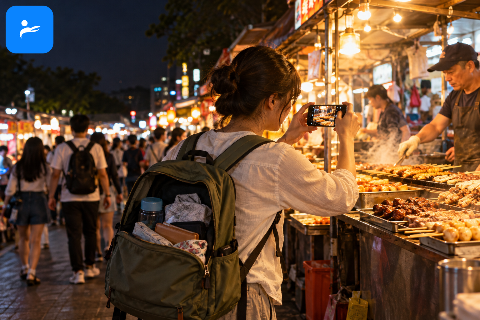 旅客在夜市用手機拍食物，旁邊背包裡沒有額外相機器材