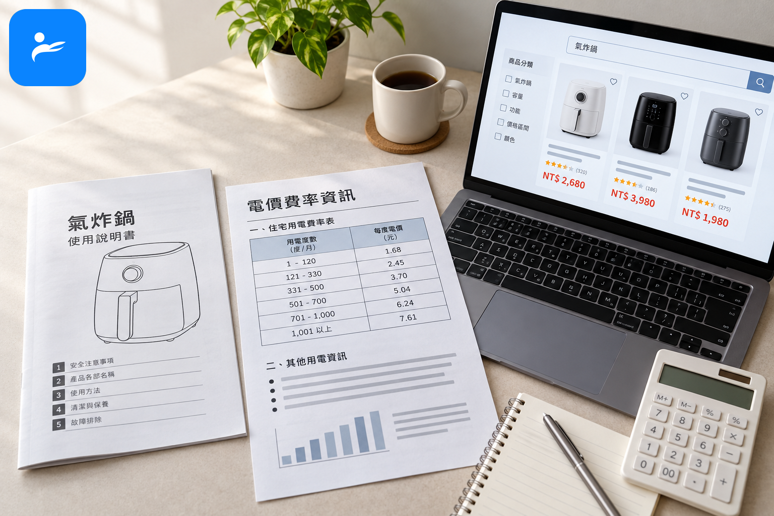 氣炸鍋產品說明書、台灣電力公司電價資料與台灣電商價格頁面整齊排列