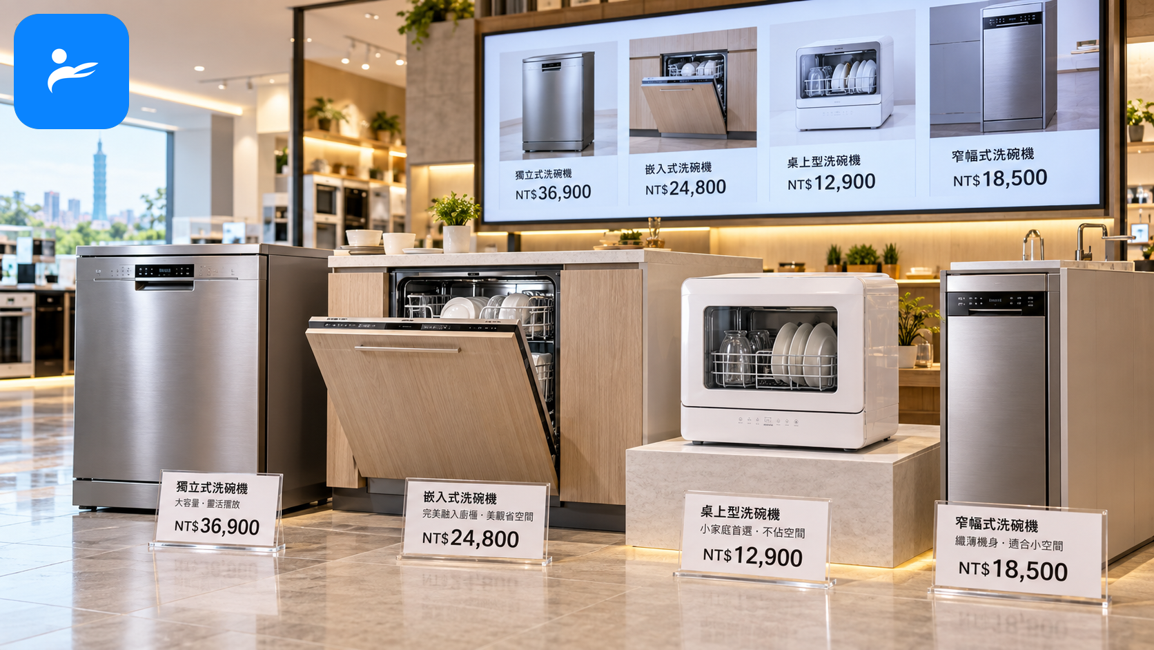 台灣電商頁面與家電門市中的不同類型洗碗機,價格標籤以新台幣呈現