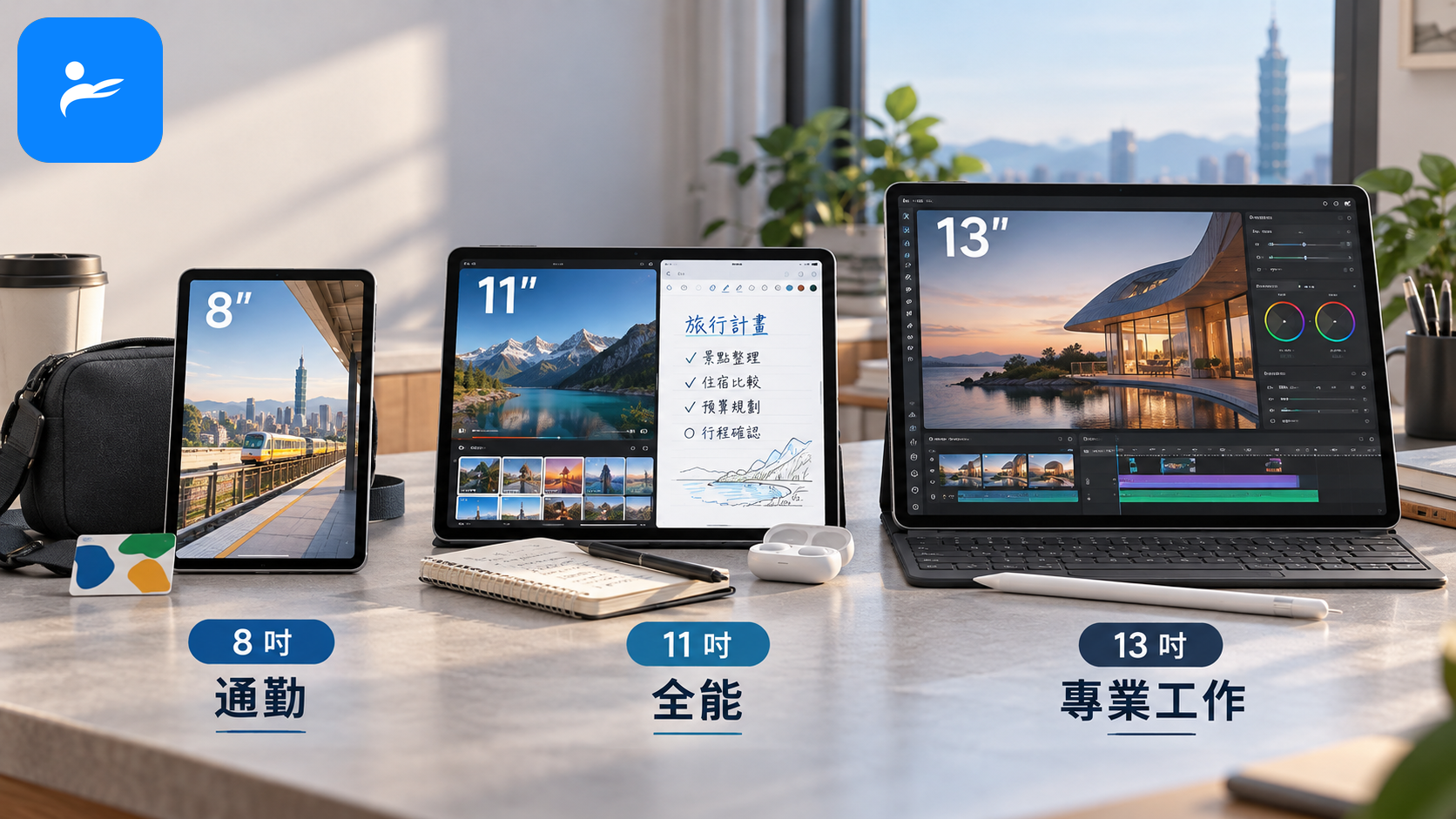 8 吋、11 吋與 13 吋平板分別標示通勤、全能與專業工作用途
