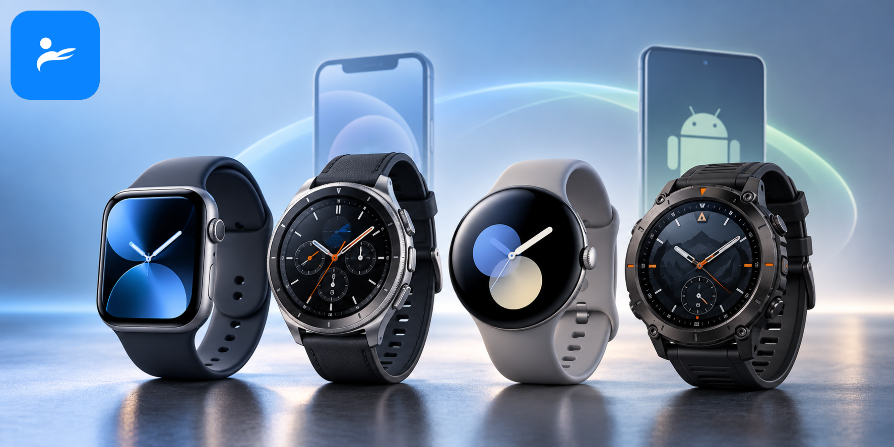 Apple Watch、Galaxy Watch、Pixel Watch與Garmin手錶並排展示,背景呈現iPhone與Android相容性圖示