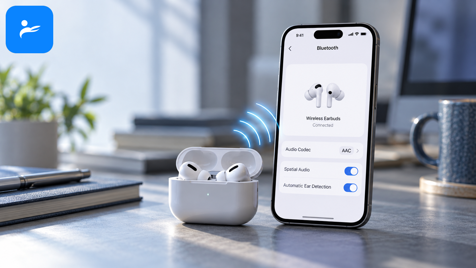 iPhone 連接無線耳機並顯示 AAC 音訊傳輸的使用情境