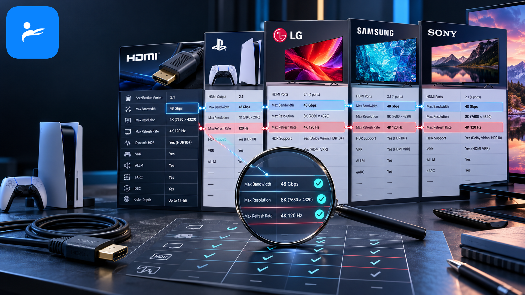 HDMI、PlayStation、LG、Samsung 與 Sony 官方規格頁面組成的資料查核示意圖