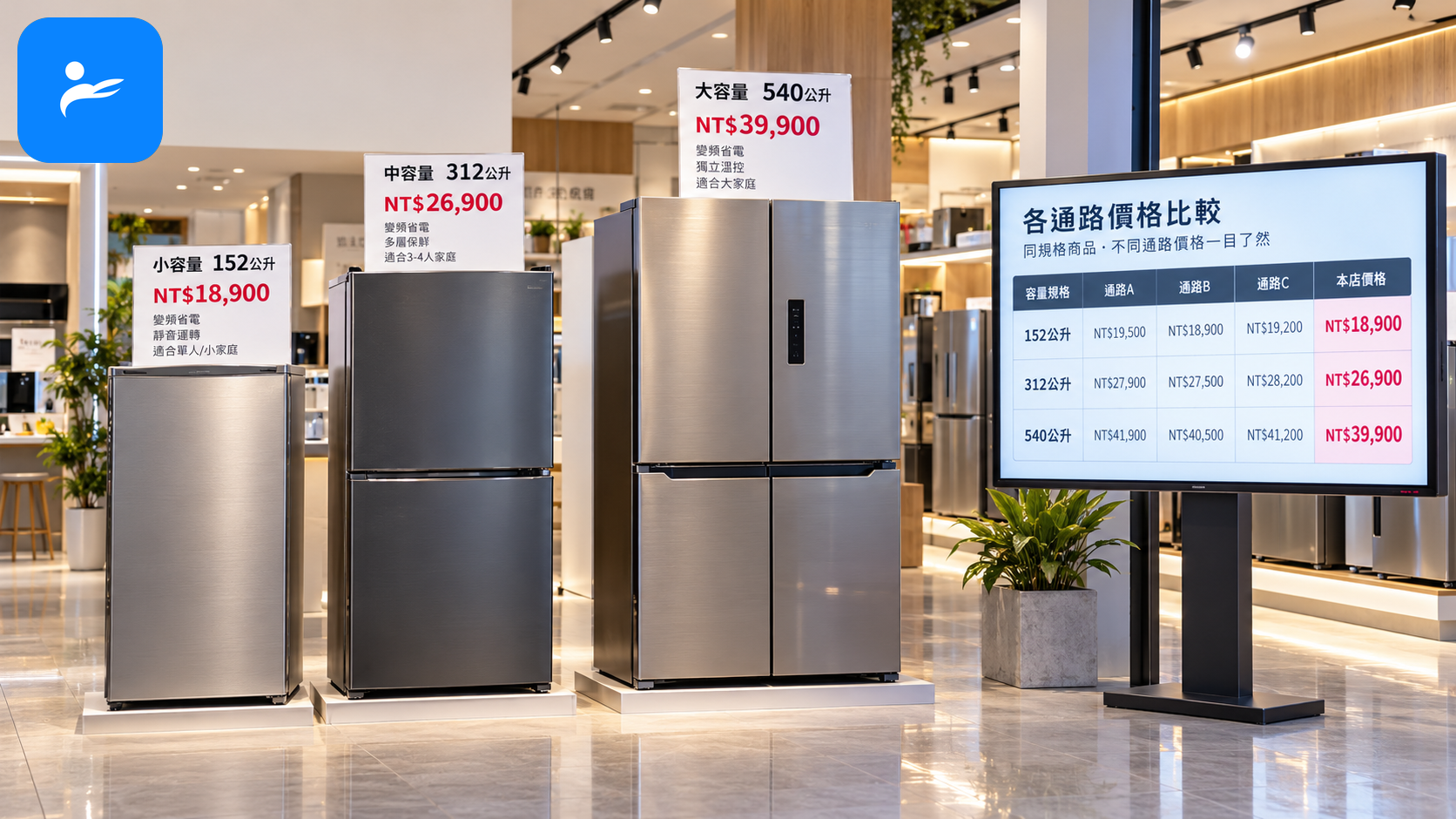 台灣家電賣場中的不同容量變頻冰箱,價牌以新台幣呈現並有通路比價畫面