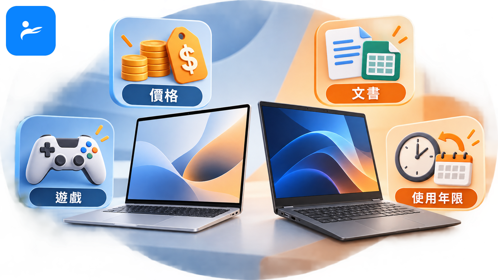 MacBook 與 Windows 筆電選購常見問題，以價格、Office、遊戲及使用年限圖示呈現
