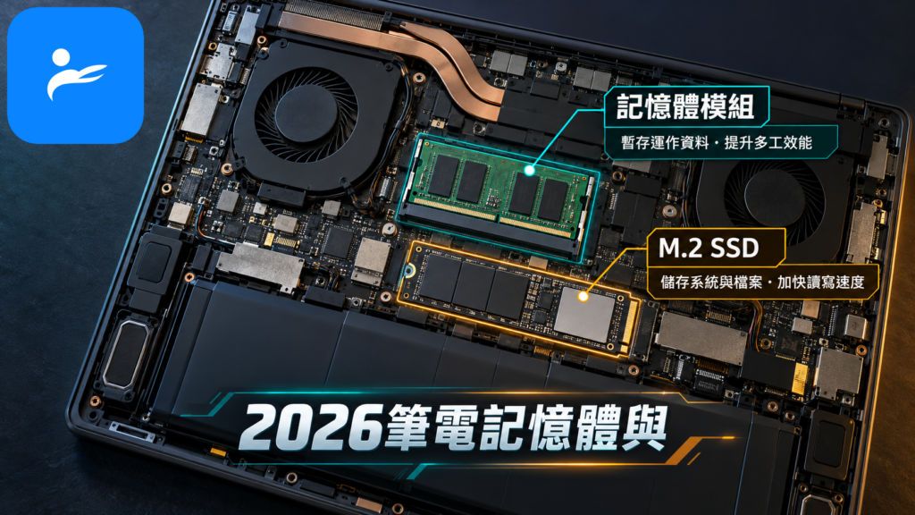 筆電內部的記憶體模組與M.2 SSD位置對照圖,清楚標示兩者用途