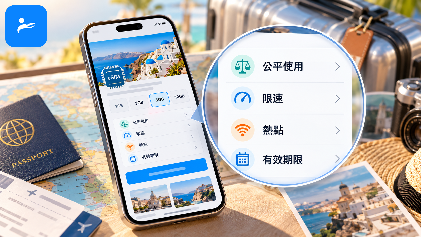 旅遊 eSIM 商品頁放大顯示公平使用、限速、熱點與有效期限等小字