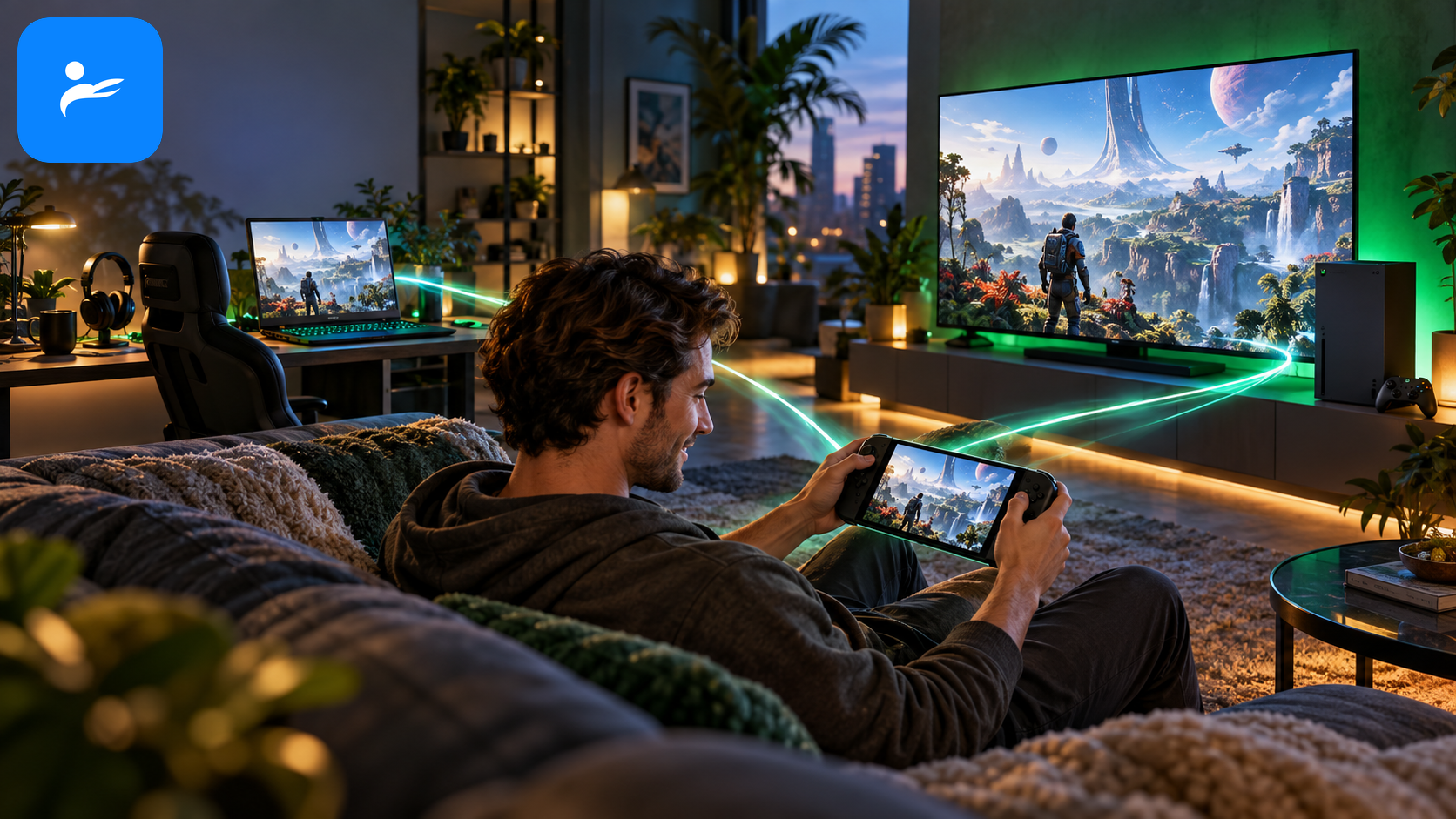 玩家在Xbox主機、Windows電腦與掌上型裝置之間切換遊玩Game Pass遊戲