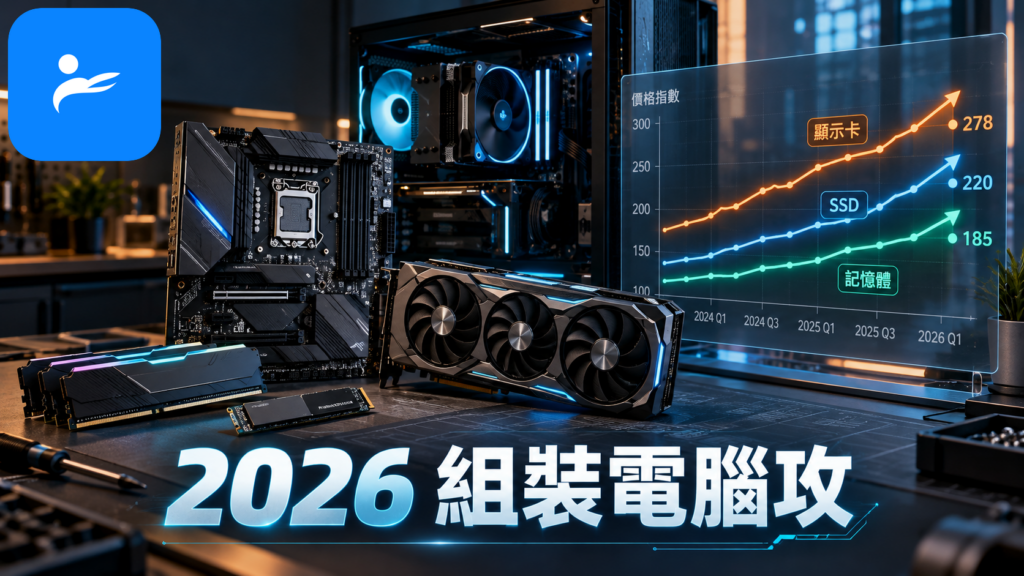 2026 年桌上型電腦零組件擺在桌上，旁邊顯示記憶體、SSD 與顯示卡價格上升圖表