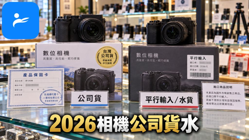 台灣相機店櫃位上公司貨與平行輸入相機盒裝並排比較,清楚呈現保固卡與中文標籤
