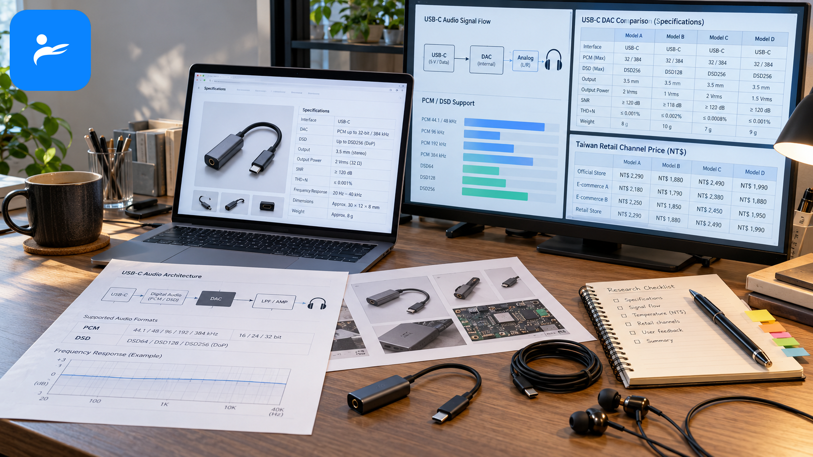 USB-C 音訊規格、品牌官方產品頁與台灣通路價格資料的文件整理畫面